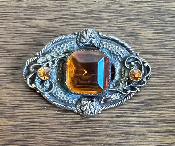 Antique French Brass and Amber Glass Brooch, Brow… - image 3