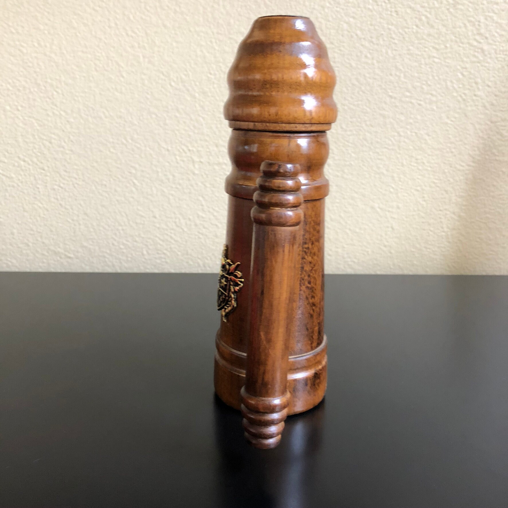 Large Vintage Wooden Salt Shaker with Brass Crest Etsy