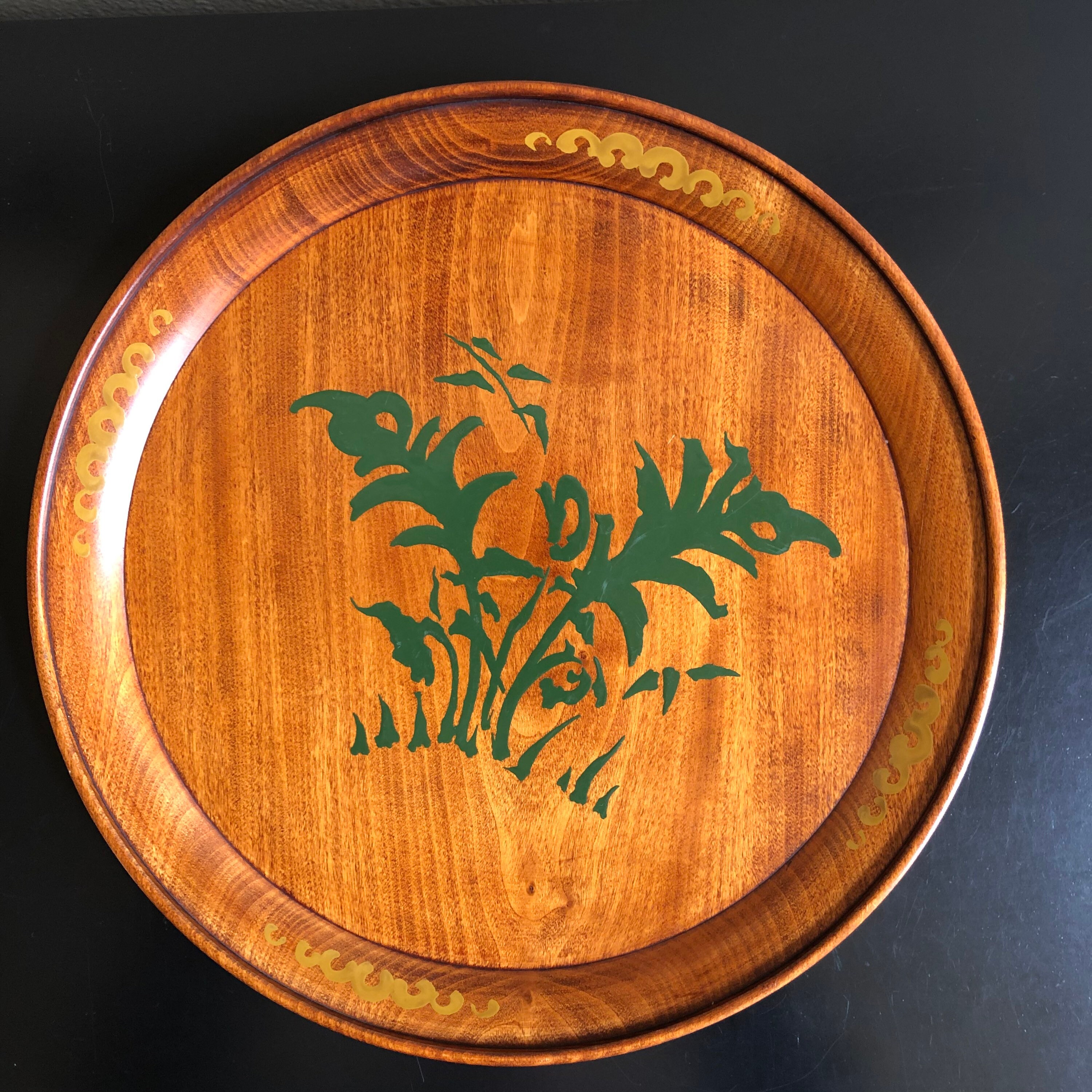 Vintage Wooden Round Tray Decorative Tray Green Leaf Wooden Etsy