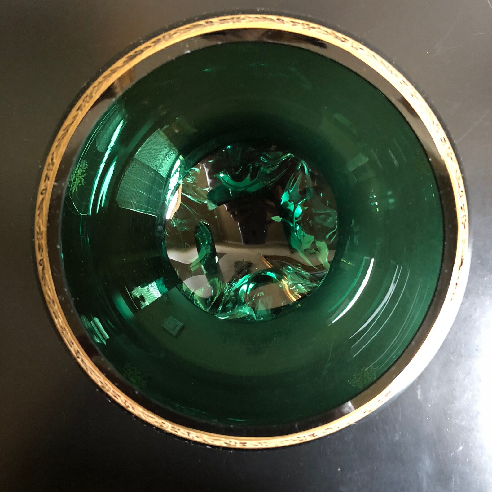 Large Decorative Green Glass Bowl With Gold Floral Design Etsy
