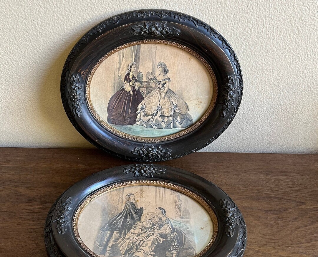 2 Antique Oval Wooden Picture Frame With Victoria Ladies Etsy