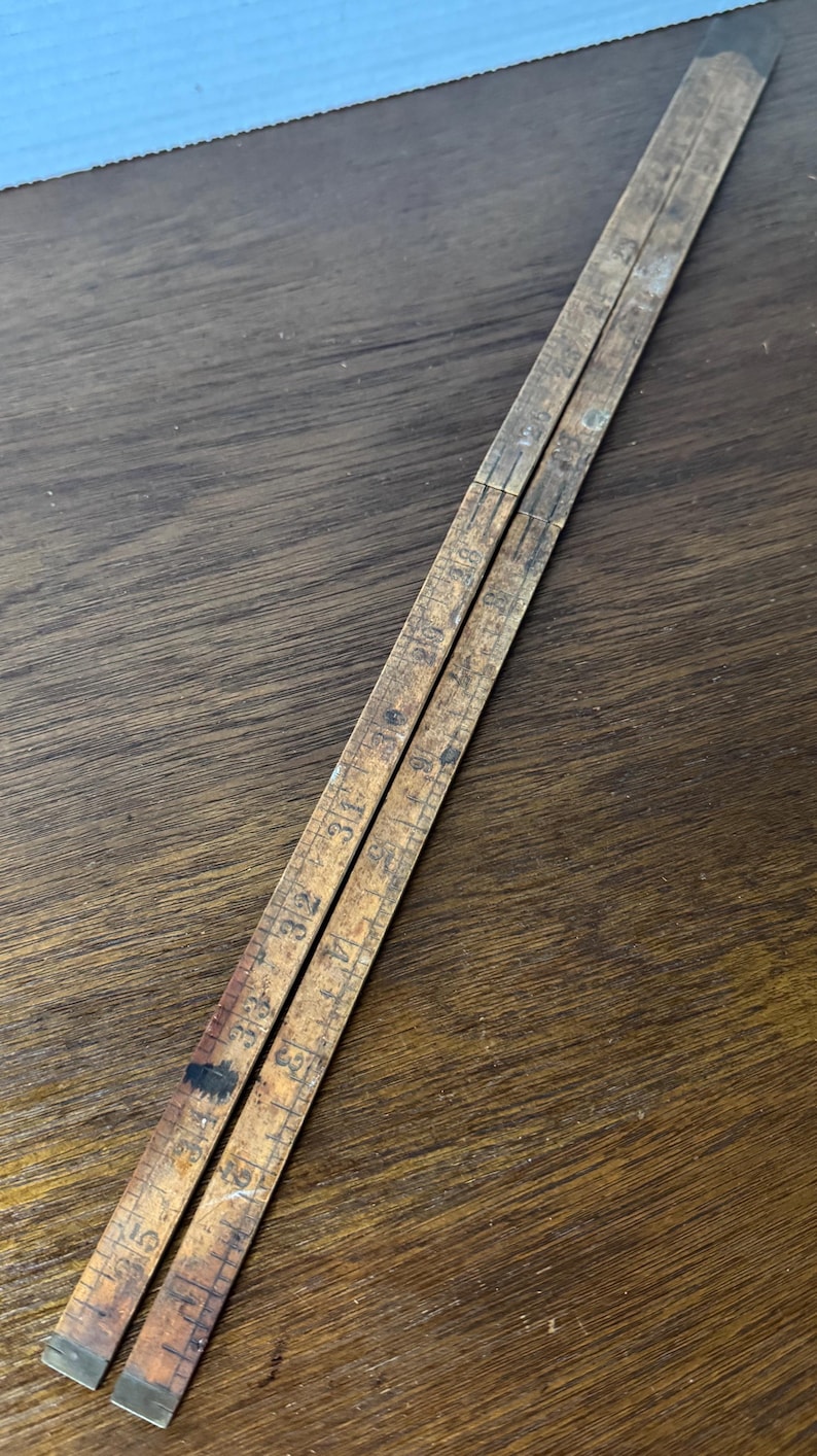 Long Old Ruler Antique Stanley Brass and Wood Folding Ruler Collectible Small ...
