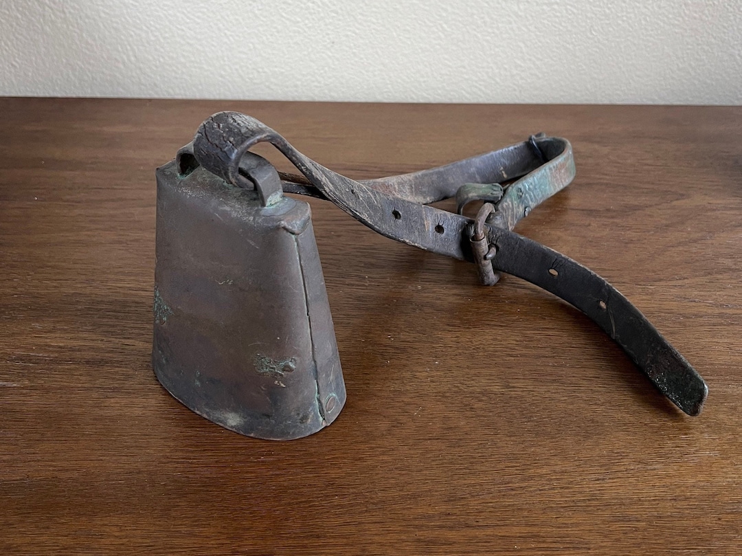 Antique Large Metal Cow Bell With Leather Strap, Antique Bell, Bell