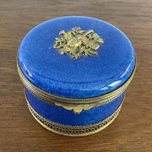 Antique Blue Serves Porcelain Hinged Lid Jewelry Box French, Sevres Porcelain Box, Sevres Paul Miler Porcelain Box with Bronze Mounts