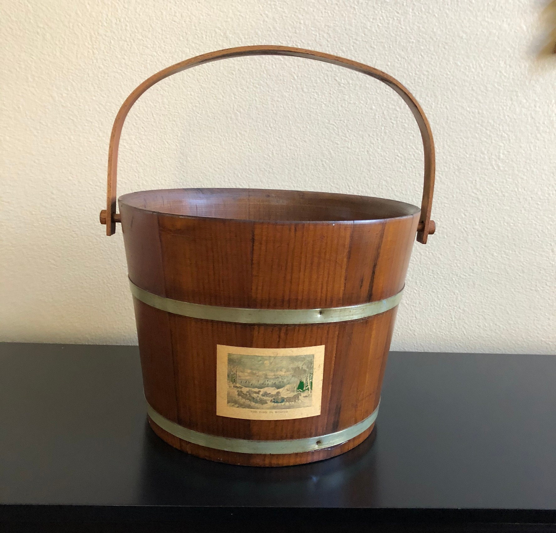 Vintage Wood Bucket with Handle Wood Bucket with Gold Metal Etsy