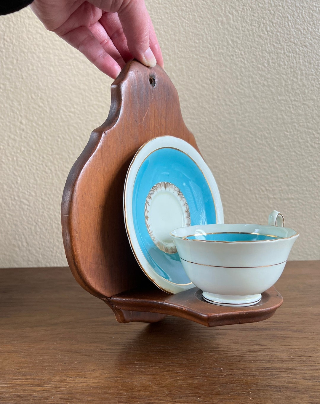 Vintage Wall Hanging Cup and Saucer Stand, Wooden Wall Mount Cup and