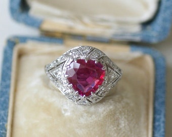 Art Deco Dome Heart Ring Unheated Burmese Ruby 1.80 Cts and Diamonds