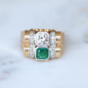 Colombian Emerald and Diamond Tank Ring in Rose Gold and Platinum