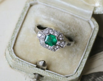 Art Deco Emerald and Diamond Ring on Platinum
