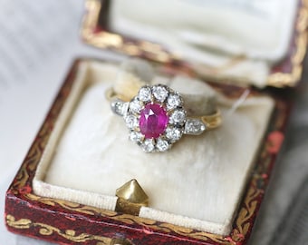 Antique ruby and diamond daisy ring in gold and platinum