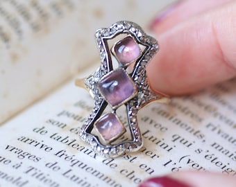 Old marquise ring, diamonds and amethysts on gold and silver