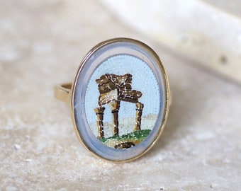 Antique temple micro mosaic ring in yellow gold