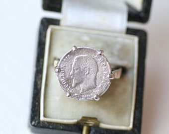Napoleon III coin ring 20 centimes Francs silver on white gold setting