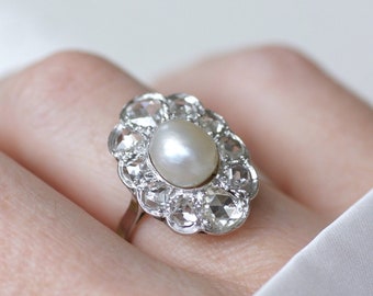 Marquise Art Deco Fine Pearl Ring Diamond Surround
