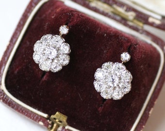 Antique Marguerite Diamond Earrings 1.40 Cts in Gold and Platinum