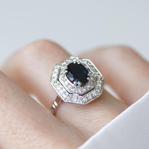 Octagonal Sapphire and Diamond Art Deco Style Ring in White Gold