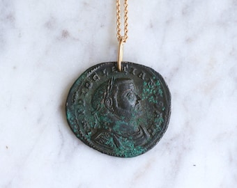 Ancient Roman copper coin pendant necklace, Diocletian, rose gold setting