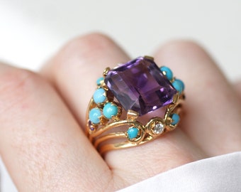 Amethyst Turquoise and Diamond Cocktail Wire Ring in yellow gold