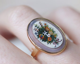 Micro mosaic flower bouquet ring in yellow gold