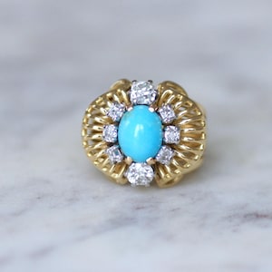 Turquoise and Diamond Cocktail Wire Ring in Yellow Gold and Platinum
