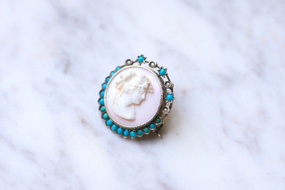 Round brooch in silver, pink shell cameo, turquoi… - image 4