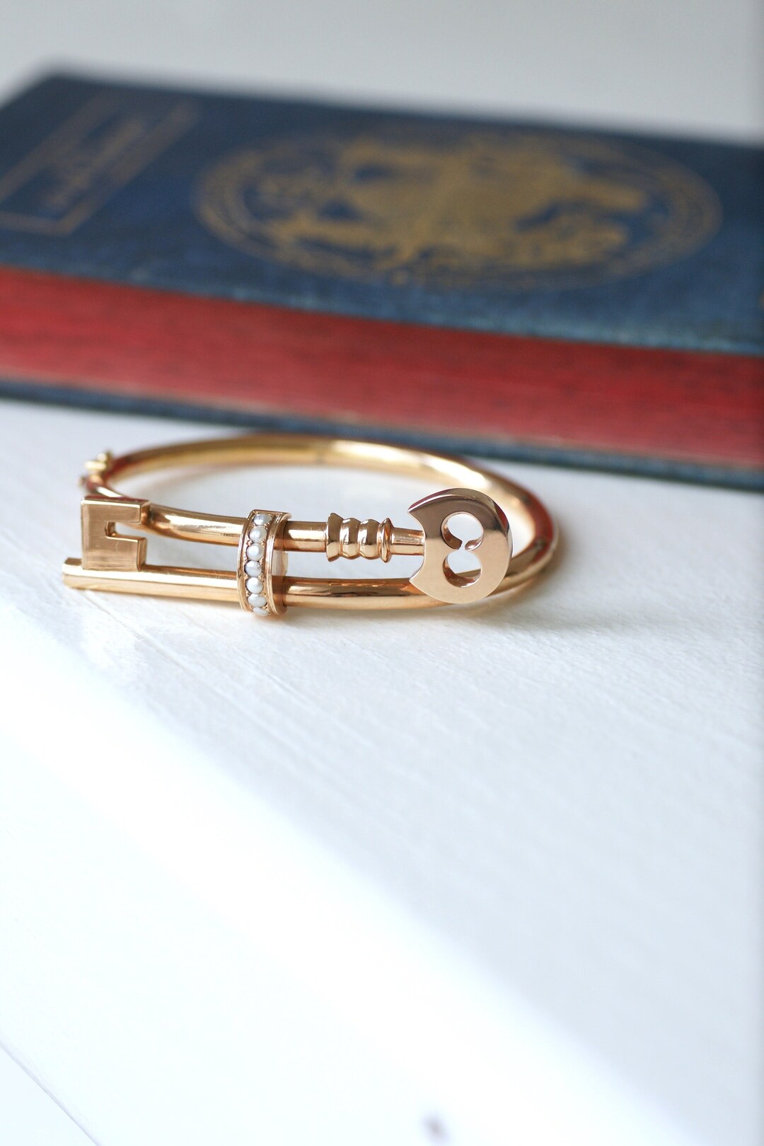 Old Bangle Bracelet, Rose Gold Key and Pearls - Etsy