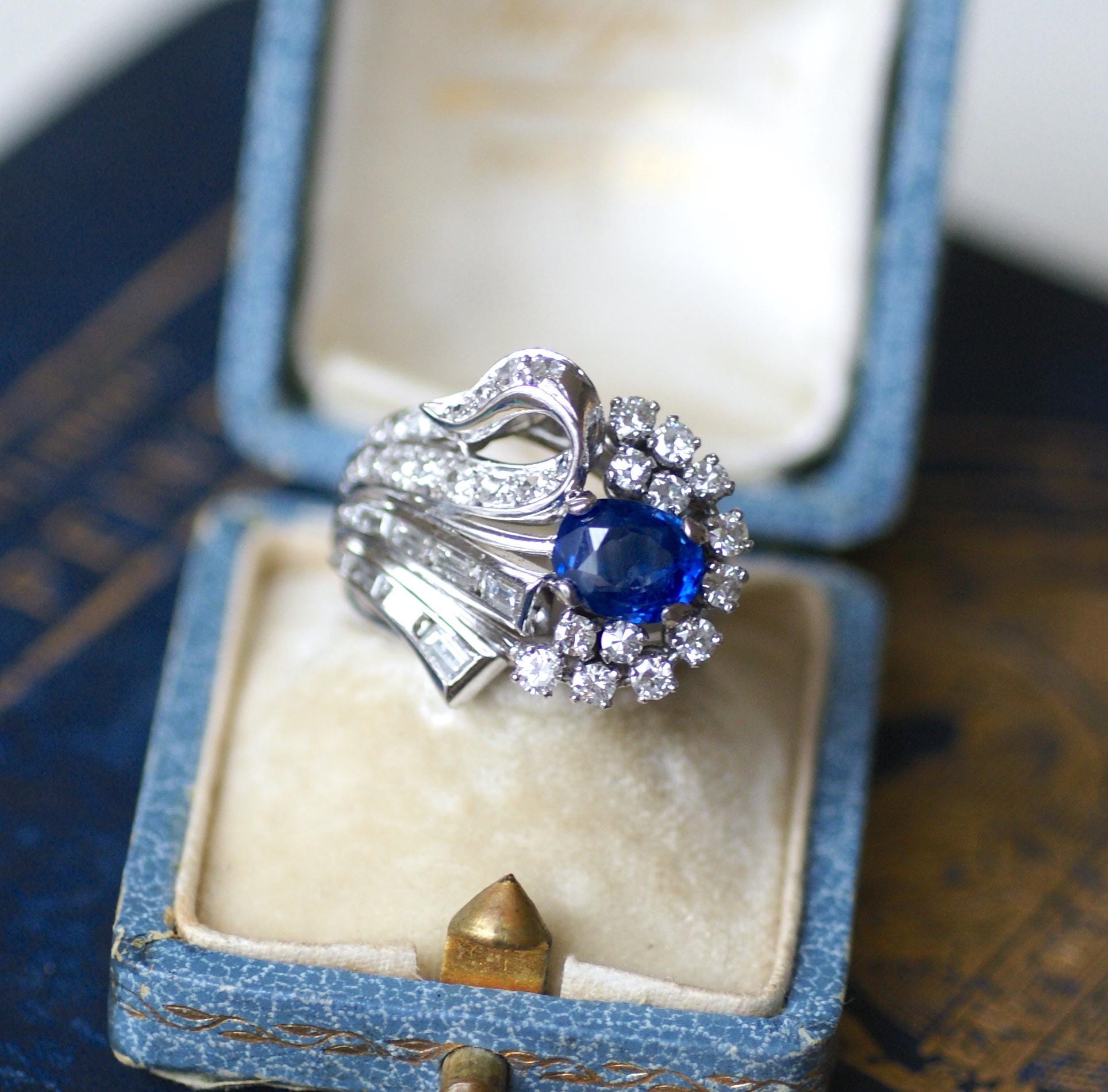 Ceylon Sapphire and Diamond Cocktail Ring in Silver and Palladium Setting