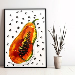 20x28 дюймов Папайя, большая оригинальная картина, солнечный оранжевый, фон из черных точек, сочная яркая, коллекция фруктов