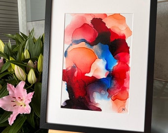 Oryginalny obraz tuszem alkoholowym – format A4 | Abstrakcyjna sztuka w kolorze czerwonym i czarnym | Nowoczesna sztuka ścienna | Błyszczące wykończenie | Unikatowy | Tusz alkoholowy na płótnie