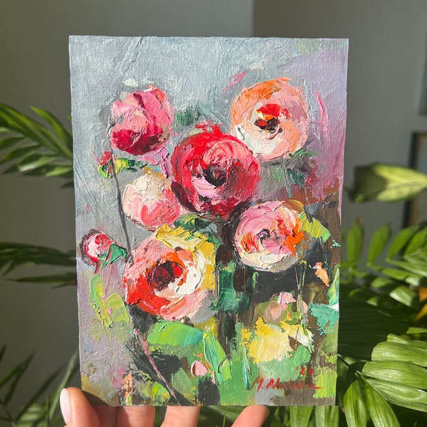 7x5”/ 18x13 cm, Oil on canvas board, flowers on the sun, lovely small picture, palette knife, volume strokes, poppies, ranunculus, flowers