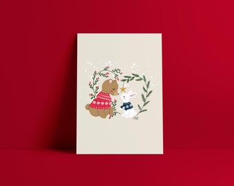 Christmas postcard: bear and rabbit