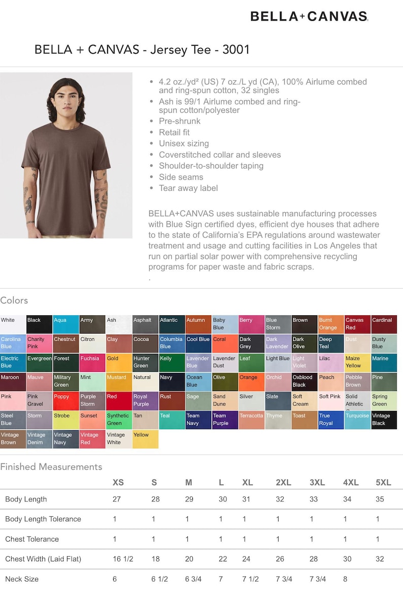 May include: A brown Bella + Canvas unisex jersey tee with a tear-away label. The shirt is made of 100% Airlume combed and ring-spun cotton. The shirt is pre-shrunk and has a retail fit. The shirt is available in sizes XS to 5XL. The shirt is made with sustainable manufacturing processes using Blue Sign certified dyes. The shirt is available in a variety of colors.