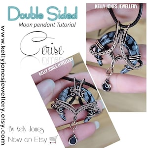 Cerise, Crescent Moon Double Sided Pendant Tutorial. Wire wrap pdf tutorial download. Many pages and hundreds of images to follow along.