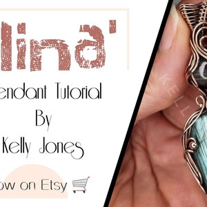 May include: A handmade pendant tutorial by Kelly Jones. The pendant features a teardrop-shaped, iridescent blue-green stone, intricately wrapped in copper wire. The text "Alina" and "Pendant Tutorial" are displayed on the left side of the image.