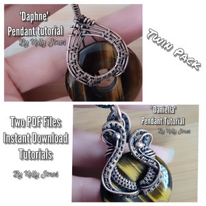 Könnte beinhalten: Zwei PDF-Dateien, sofort herunterladbare Tutorials zum Erstellen von drahtgewickelten Anhängern. Die Tutorials heißen 'Daphne' und 'Daniella' und zeigen Tigeraugen-Steine.