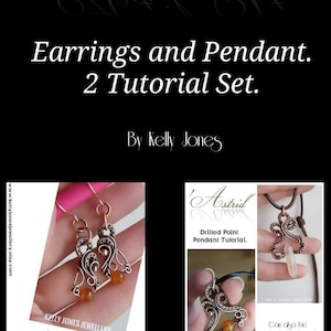 May include: Two images showing a tutorial set for making earrings and a pendant. The earrings are copper wire with a small orange stone. The pendant is copper wire with a clear stone. The text on the images reads 'Astrid' Earrings Tutorial. By Kelly Jones' and 'Astrid' Drilled Point Pendant Tutorial. Can also be worked on a bead. Now on Etsy www.kellyjonesjewellery.etsy.com