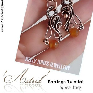Peut inclure: Boucles d'oreilles en fil de cuivre avec un motif en spirale et des perles de pierres précieuses orange. Les boucles d'oreilles sont faites à la main et ont un design unique et complexe. Les boucles d'oreilles s'appellent 'Astrid' et font partie d'un tutoriel de Kelly Jones Jewellery.