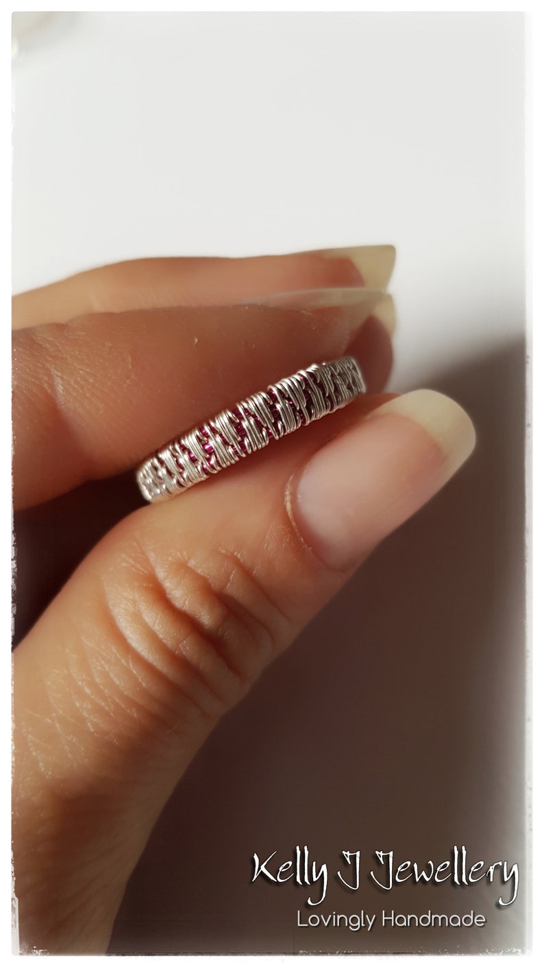 6 US M 12 UK Wire Wrapped Dazzling Pink Statement Ring with Rainbow Moonstone in Coloured wire with Sterling Silver Filled Weaving Wire