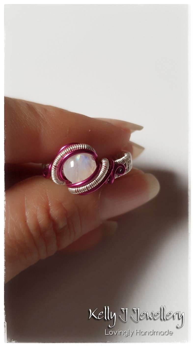 6 US M 12 UK Wire Wrapped Dazzling Pink Statement Ring with Rainbow Moonstone in Coloured wire with Sterling Silver Filled Weaving Wire