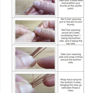 May include: A step-by-step guide on how to weave wire to create a pendant. The image shows four steps, each with a close-up of the hands weaving the wire. The text in the image reads: 'Keira' Pendant Tutorial. | Kelly Jones Jewellery.  www.kellyjonesjewellery.etsy.com