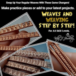 May include: Close-up of three different wire weaving patterns, each with a unique design. The image is titled "Weaves and Weaving Step by Step!" and "For All Skill Levels." The text "Kelly J Jewellery" is also visible in the image.