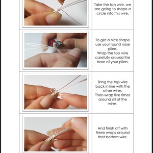 K&ouml;nnte beinhalten: Eine Schritt-f&uuml;r-Schritt-Anleitung zum Erstellen einer drahtgewickelten Schlaufe mit einer Rundzange. Das Bild zeigt vier Schritte, wobei der erste Schritt zeigt, wie man den oberen Draht zu einem Kreis formt, der zweite Schritt zeigt, wie man den oberen Draht um die Basis der Zange wickelt, der dritte Schritt zeigt, wie man den oberen Draht wieder in eine Linie mit den anderen Dr&auml;hten bringt und ihn f&uuml;nfmal um alle Dr&auml;hte wickelt, und der vierte Schritt zeigt, wie man mit drei Wicklungen um den unteren Draht abschlie&szlig;t.