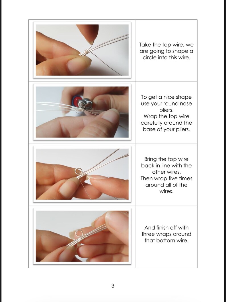 K&ouml;nnte beinhalten: Eine Schritt-f&uuml;r-Schritt-Anleitung zum Erstellen einer drahtgewickelten Schlaufe mit einer Rundzange. Das Bild zeigt vier Schritte, wobei der erste Schritt zeigt, wie man den oberen Draht zu einem Kreis formt, der zweite Schritt zeigt, wie man den oberen Draht um die Basis der Zange wickelt, der dritte Schritt zeigt, wie man den oberen Draht wieder in eine Linie mit den anderen Dr&auml;hten bringt und ihn f&uuml;nfmal um alle Dr&auml;hte wickelt, und der vierte Schritt zeigt, wie man mit drei Wicklungen um den unteren Draht abschlie&szlig;t.