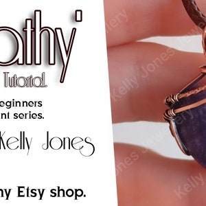 May include: A copper wire wrapped pendant featuring a purple gemstone. The pendant is hanging from a brown cord. The image includes the text 'Cathy Pendant Tutorial. Part of the beginners bead pendant series. by Kelly Jones. Now in my Etsy shop.'