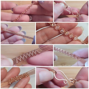 May include: A close-up of a rose gold wire wrapped bracelet with clear crystals. The bracelet is being made by hand, and the steps are shown in the image. The image also shows a close-up of the clasp, which is a rose gold lobster claw clasp.