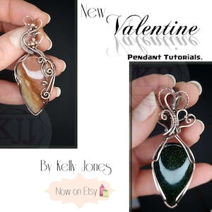 Może przedstawiać: Dwa zawieszki owinięte drutem z kamieniami w różnych kolorach. Zawieszka po lewej stronie ma kamień brązowy i biały, podczas gdy zawieszka po prawej stronie ma kamień zielony. Oba zawieszki mają skomplikowane wzory z drutu. Tekst "New Valentine Pendant Tutorials. By Kelly Jones Now on Etsy" jest widoczny na obrazku.