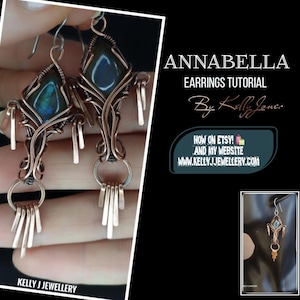 Op de afbeelding: Handgemaakte koperen oorbellen met een centrale blauwgroene steen en draaddetails. De afbeelding toont de "Annabella Earrings Tutorial" van Kelly Jones, beschikbaar op Etsy en KELLYJJEWELLERY.COM.