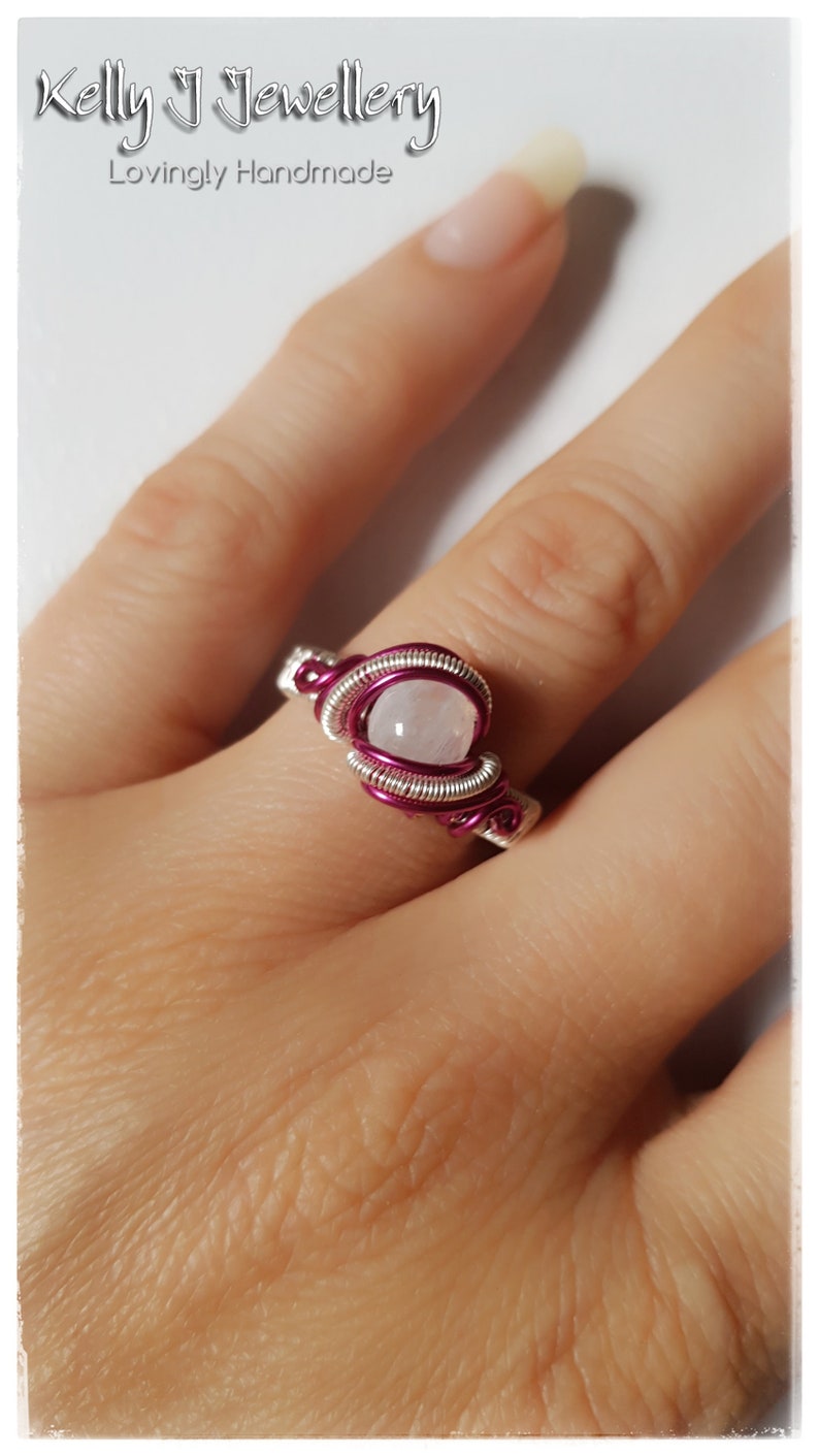6 US M 12 UK Wire Wrapped Dazzling Pink Statement Ring with Rainbow Moonstone in Coloured wire with Sterling Silver Filled Weaving Wire