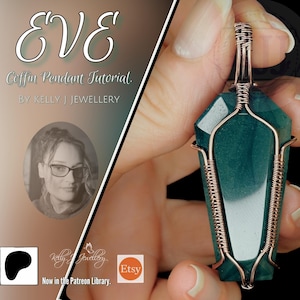 May include: A handcrafted, green coffin-shaped pendant wrapped in copper wire. The pendant is held in a hand, with the text "EVE" and "Coffin Pendant Tutorial" visible in the background. The Etsy logo is also visible.