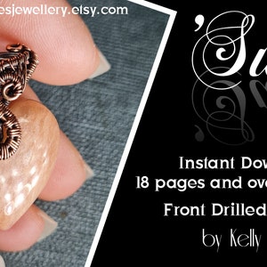 May include: A copper wire wrapped heart-shaped pendant with a front drilled stone. The pendant is held in a hand. The image includes the text "Sue" and "Instant Download 18 pages and over 60 images Front Drilled Stone by Kelly Jones".